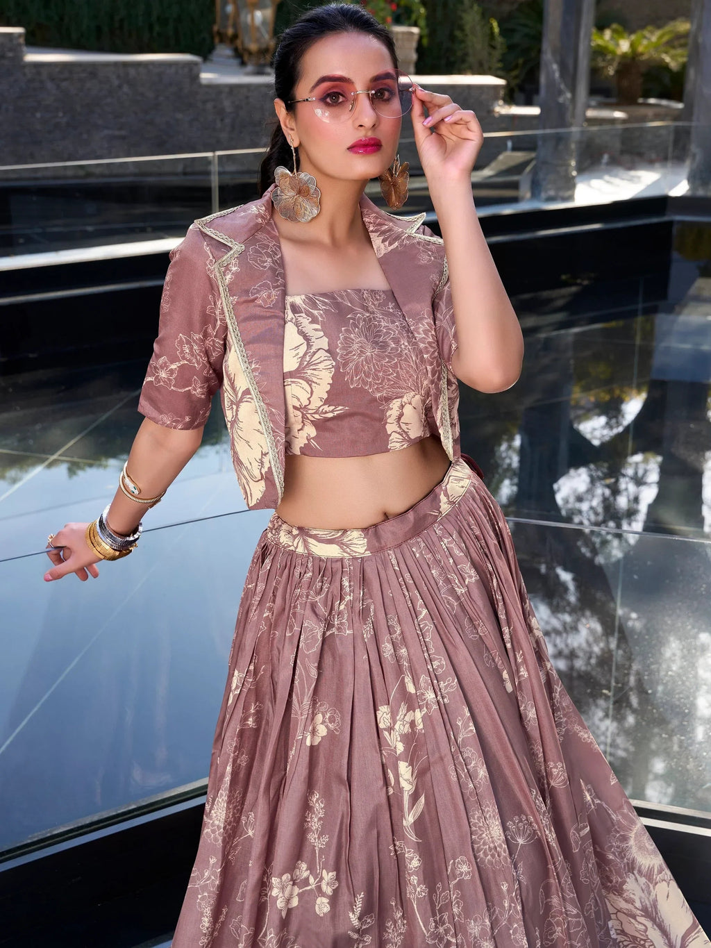 Mauve Awesome Bottle Floral Print Tussar Silk Crop Top Lehenga With Jacket