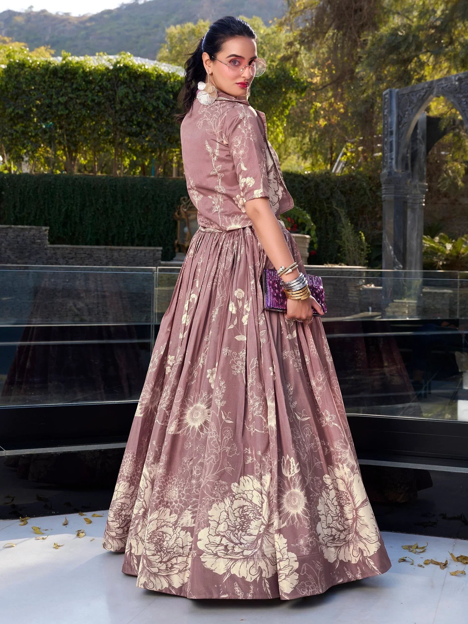Mauve Awesome Bottle Floral Print Tussar Silk Crop Top Lehenga With Jacket