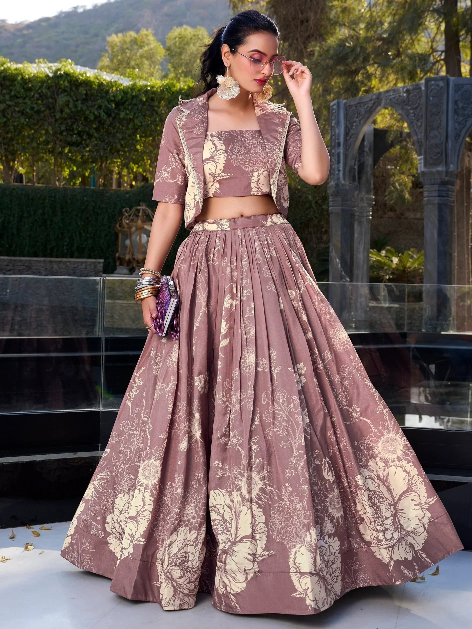 Mauve Awesome Bottle Floral Print Tussar Silk Crop Top Lehenga With Jacket