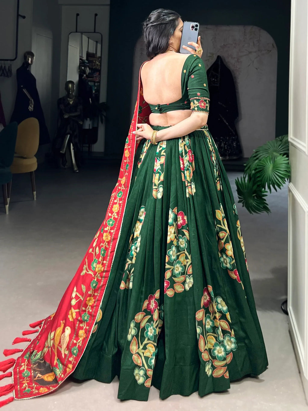 Green Astonishing Foil Printed Tussar Silk Festive Wear Lehenga Choli