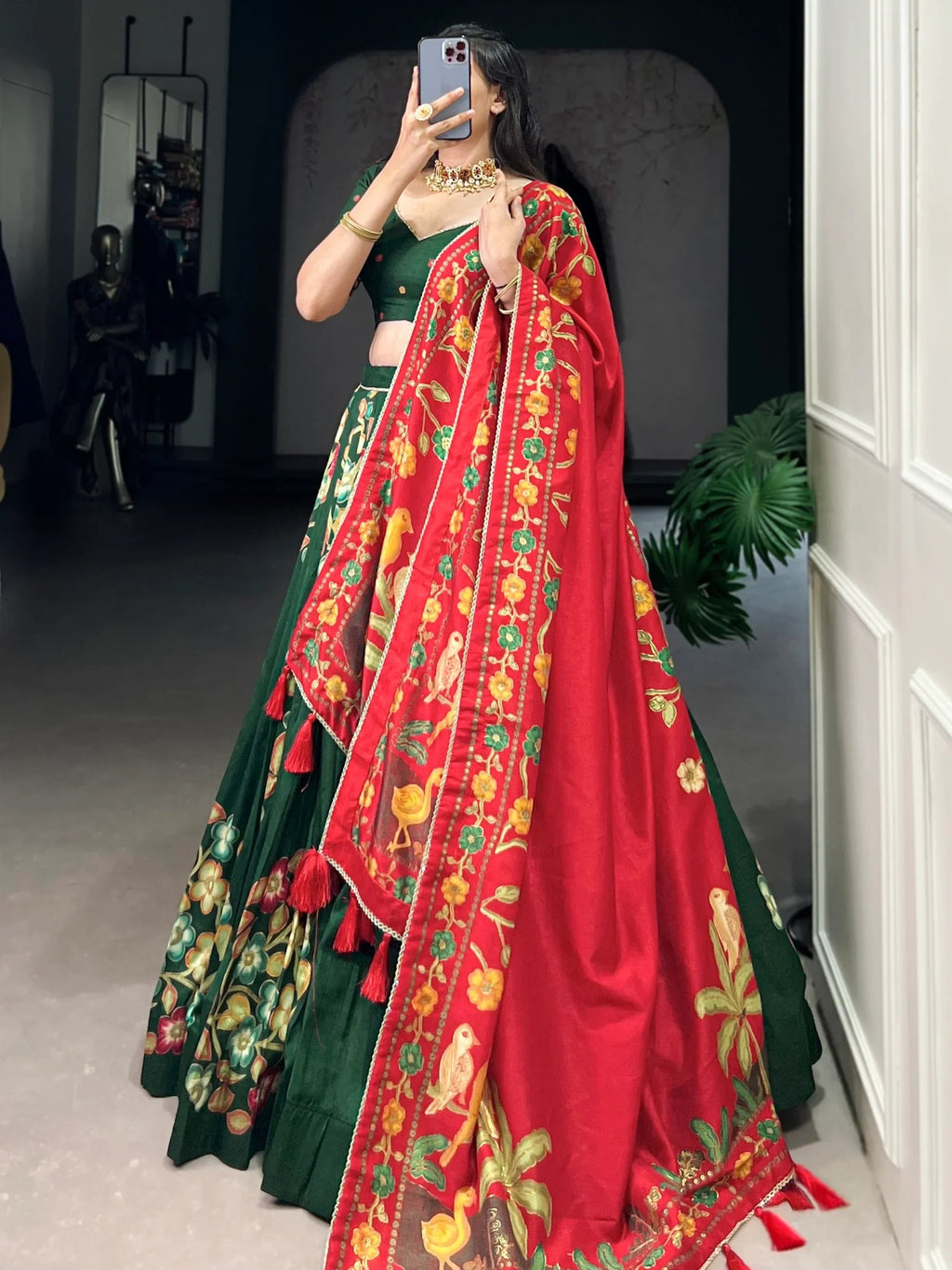 Green Astonishing Foil Printed Tussar Silk Festive Wear Lehenga Choli