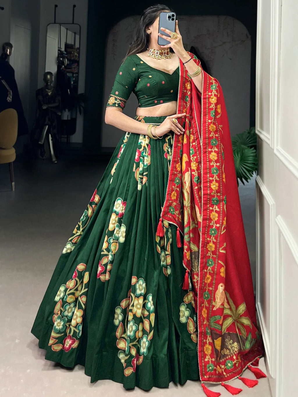 Green Astonishing Foil Printed Tussar Silk Festive Wear Lehenga Choli