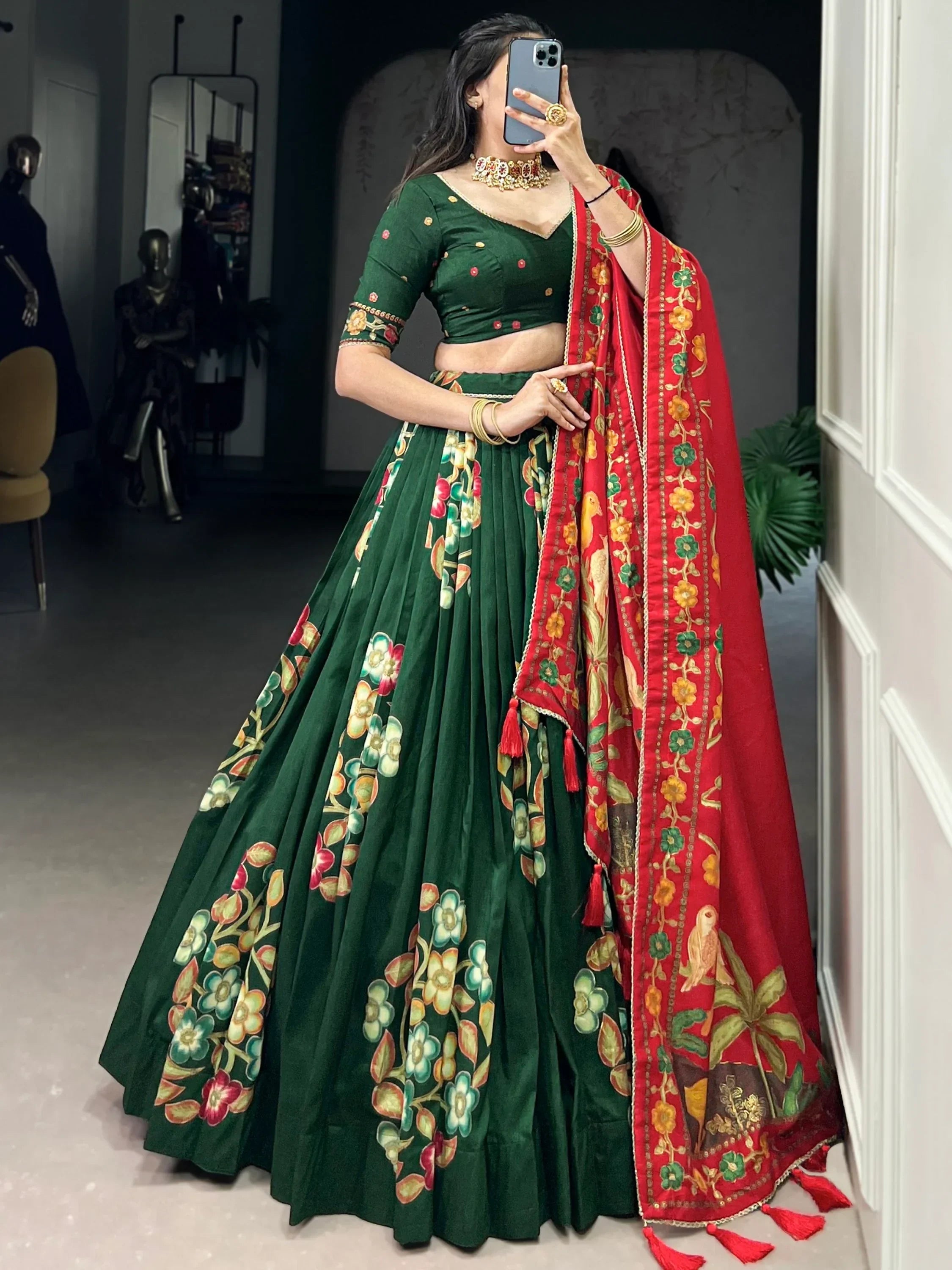 Green Astonishing Foil Printed Tussar Silk Festive Wear Lehenga Choli
