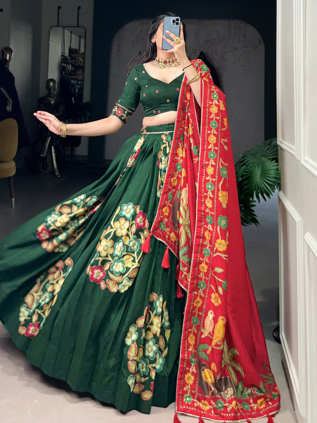 Green Astonishing Foil Printed Tussar Silk Festive Wear Lehenga Choli