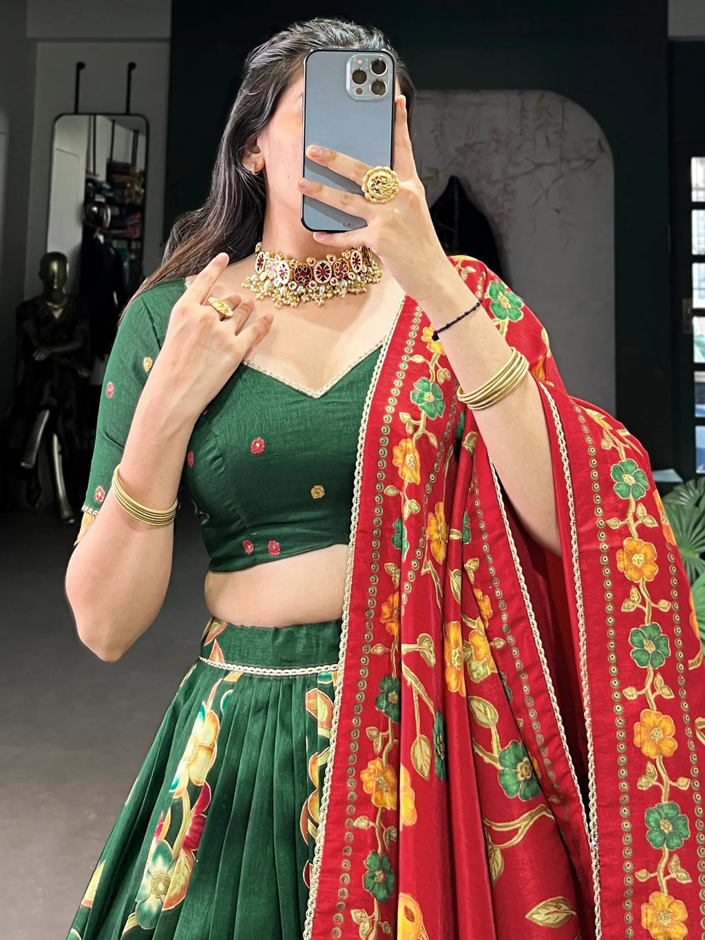 Green Astonishing Foil Printed Tussar Silk Festive Wear Lehenga Choli