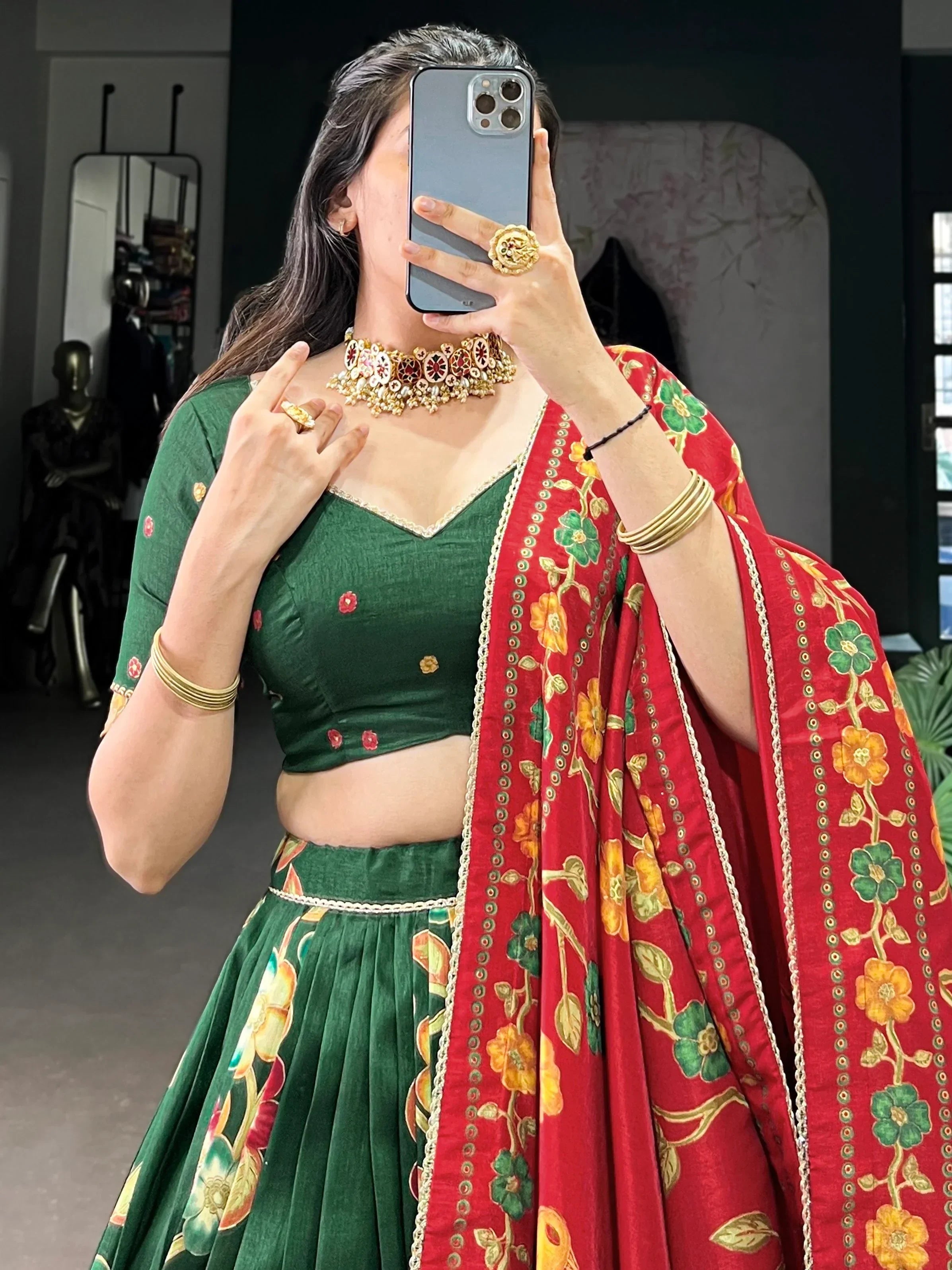 Green Astonishing Foil Printed Tussar Silk Festive Wear Lehenga Choli