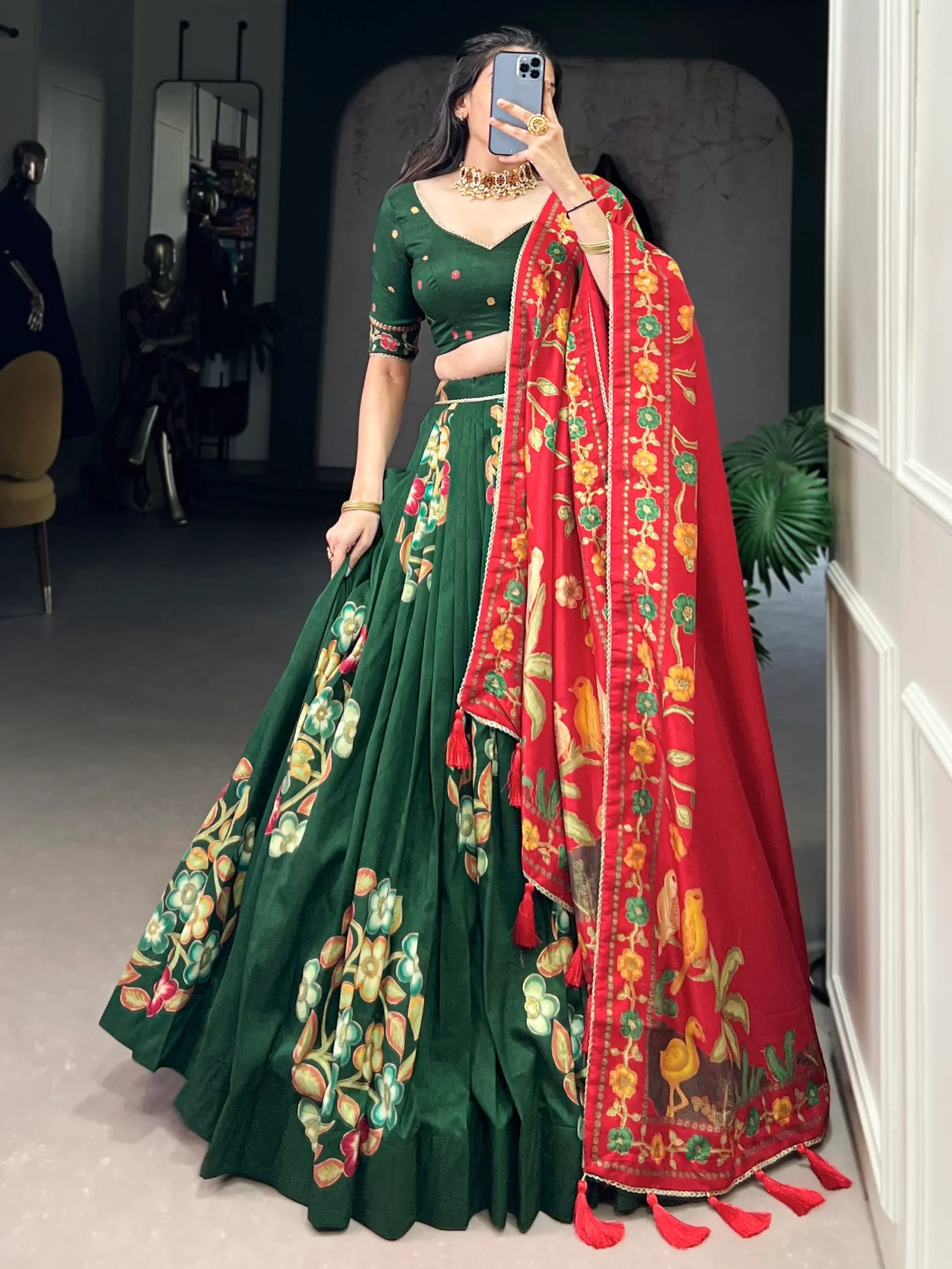 Green Astonishing Foil Printed Tussar Silk Festive Wear Lehenga Choli