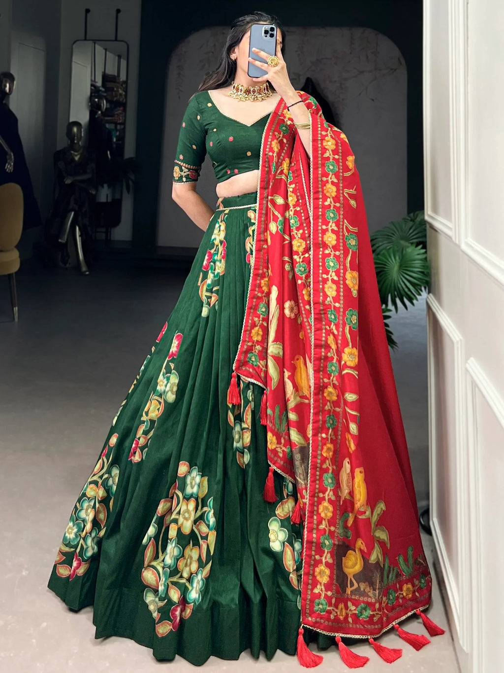 Green Astonishing Foil Printed Tussar Silk Festive Wear Lehenga Choli