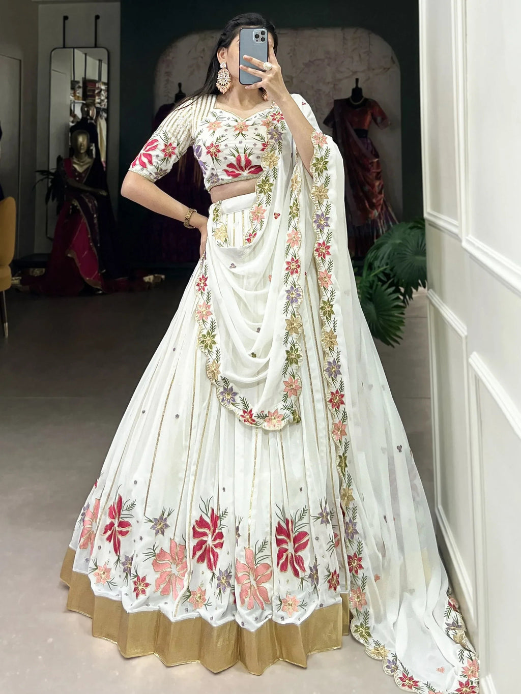 Great Off-White Floral Embroidered Georgette Sangeet Wear Lehenga Choli