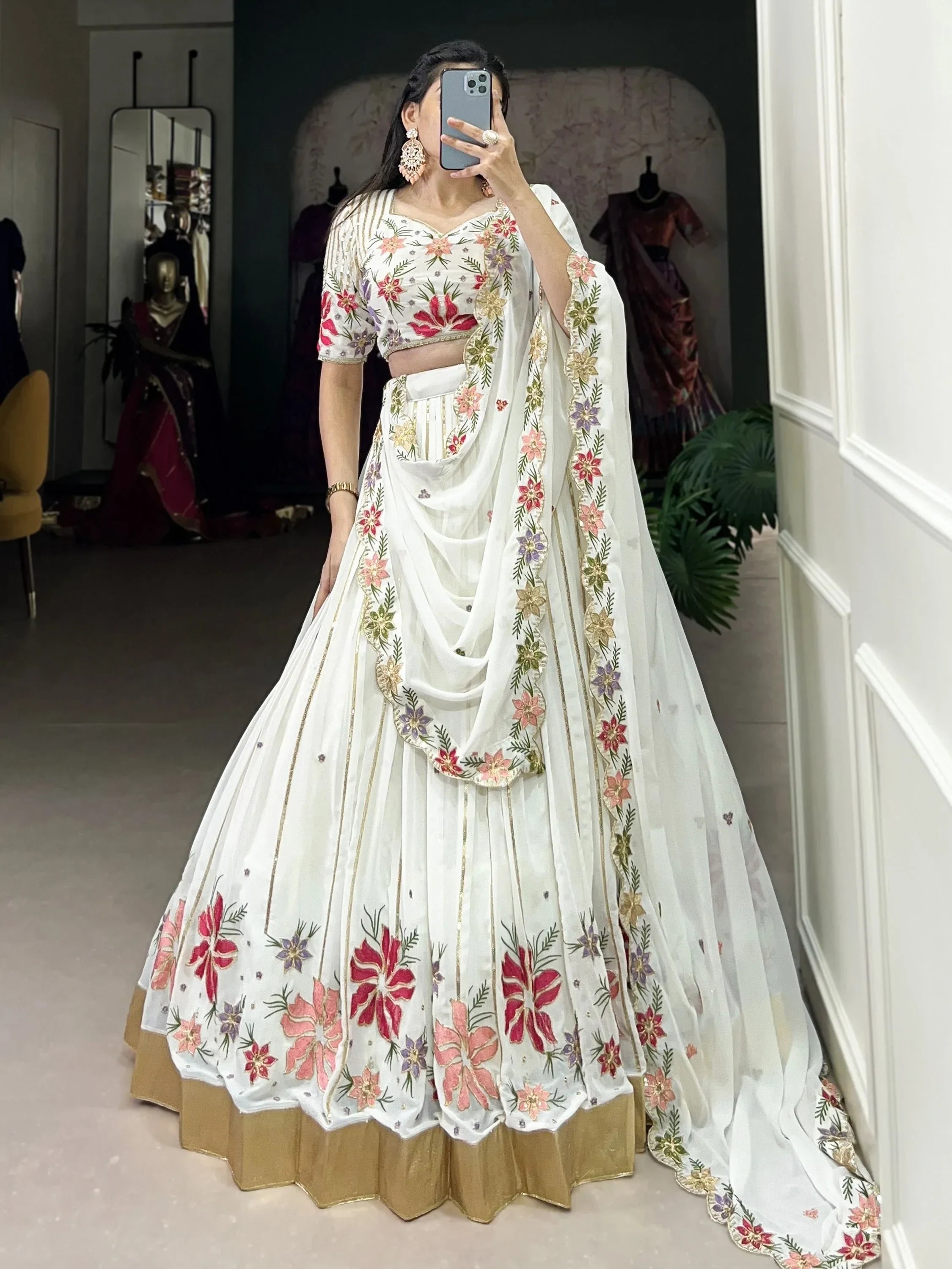 Great Off-White Floral Embroidered Georgette Sangeet Wear Lehenga Choli