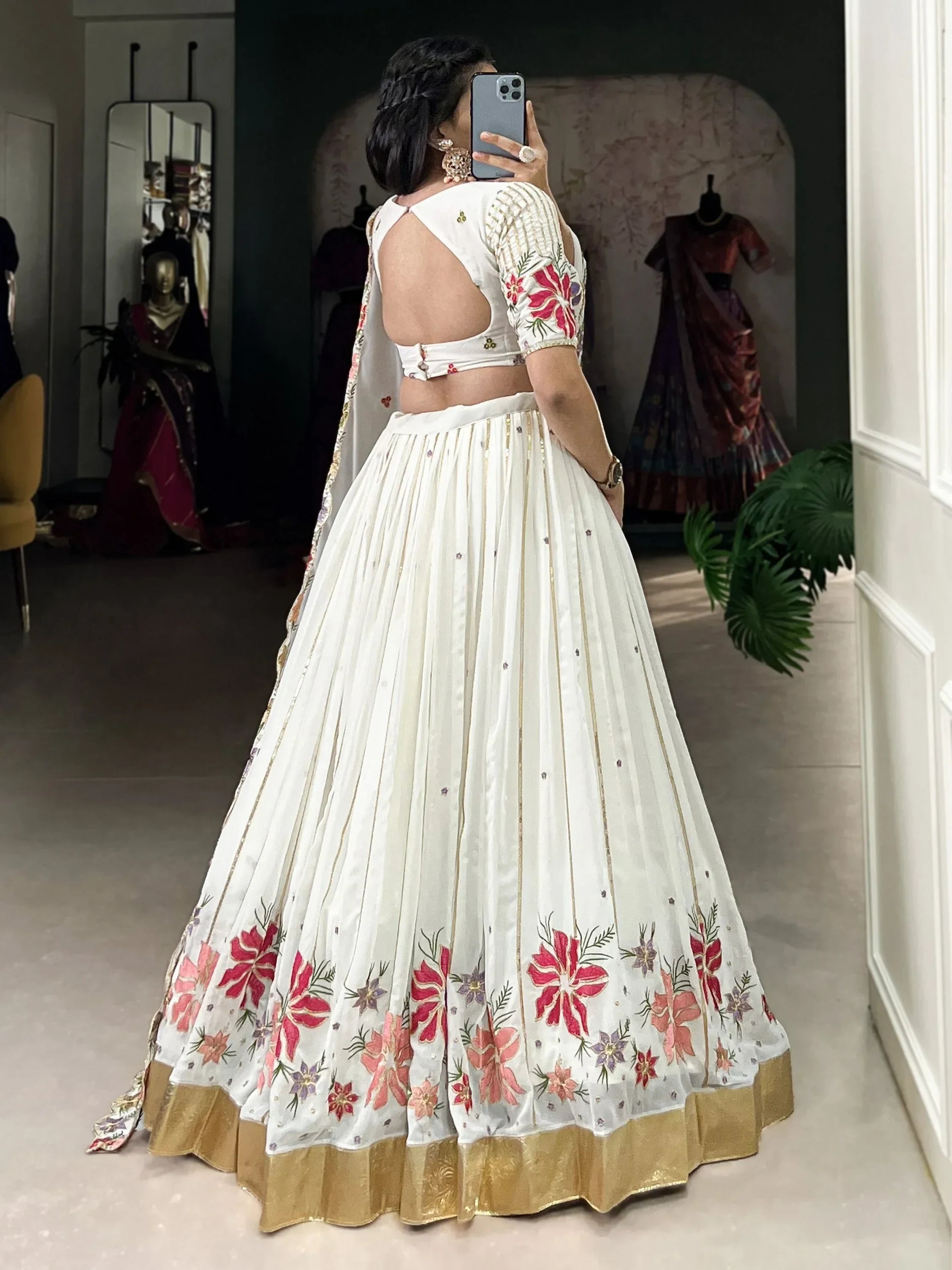 Great Off-White Floral Embroidered Georgette Sangeet Wear Lehenga Choli