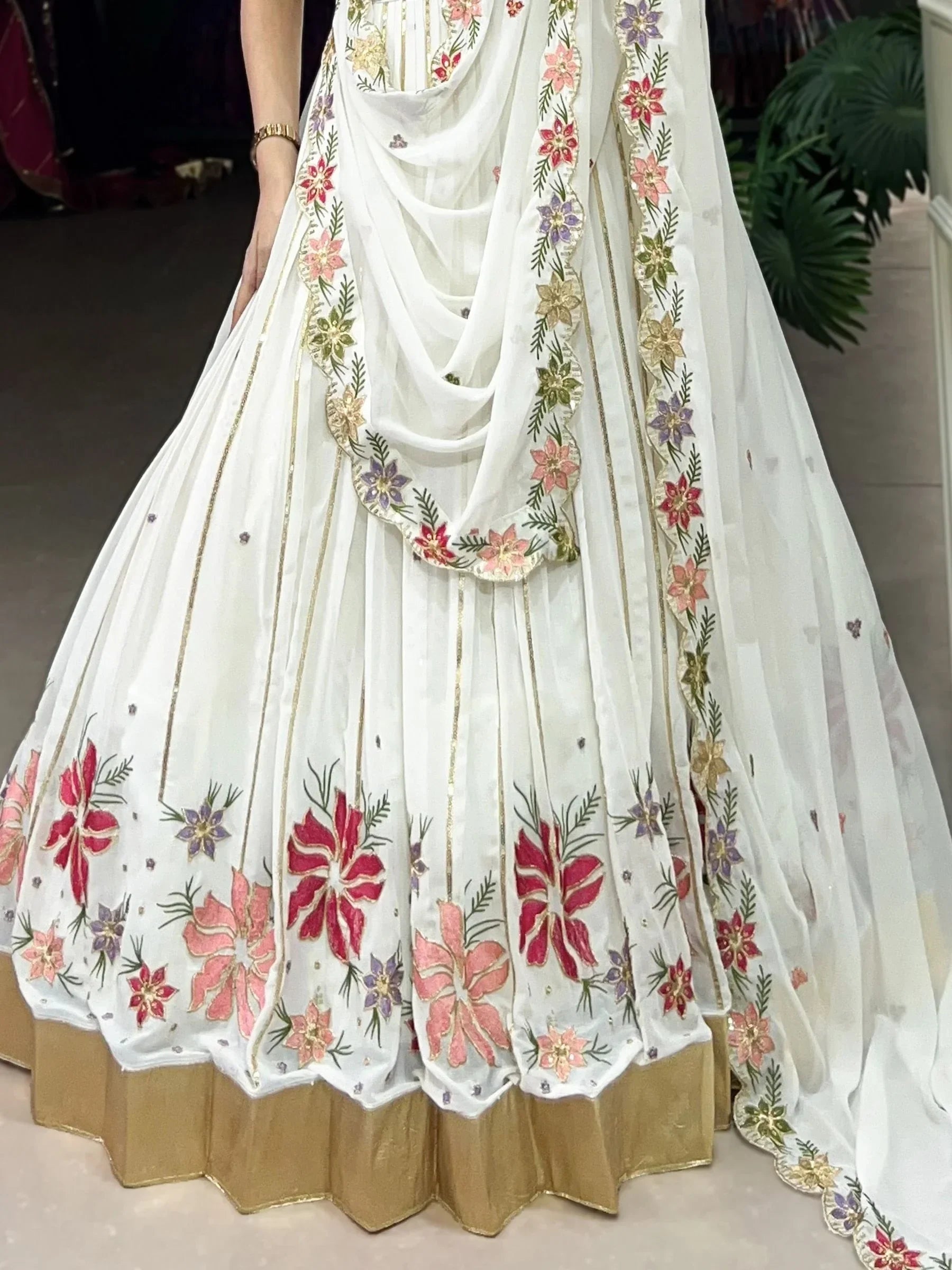 Great Off-White Floral Embroidered Georgette Sangeet Wear Lehenga Choli