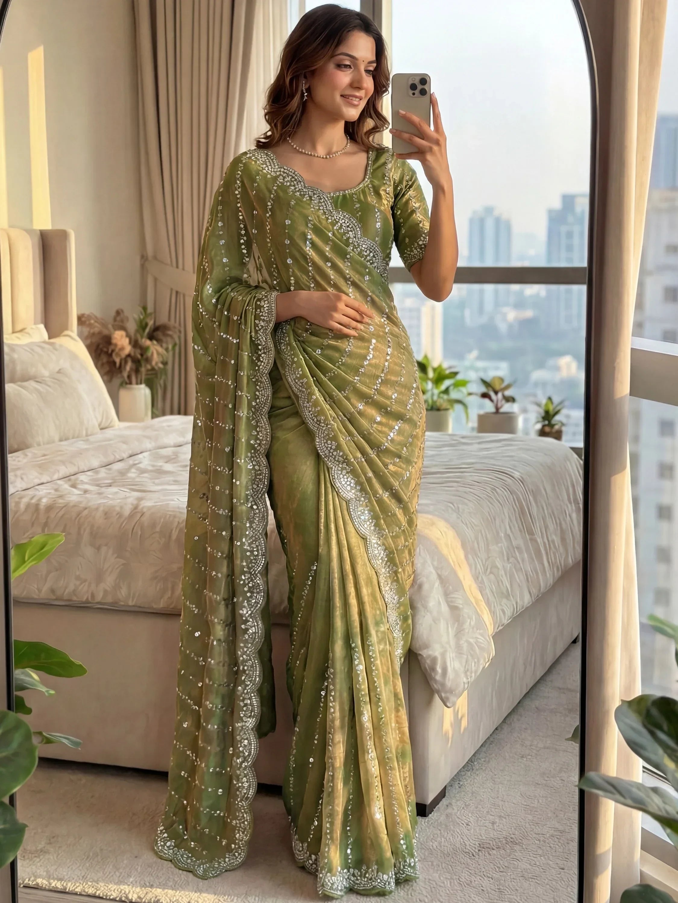 Green Captivating Beads Work Satin Party Wear Saree With Blouse