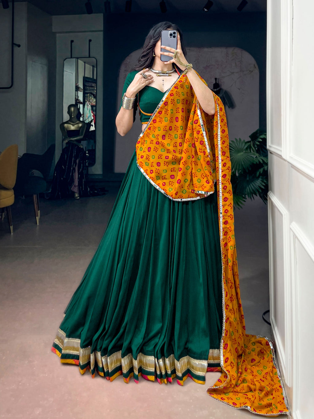 Green Chinon Lehenga Choli with Bandhani Dupatta