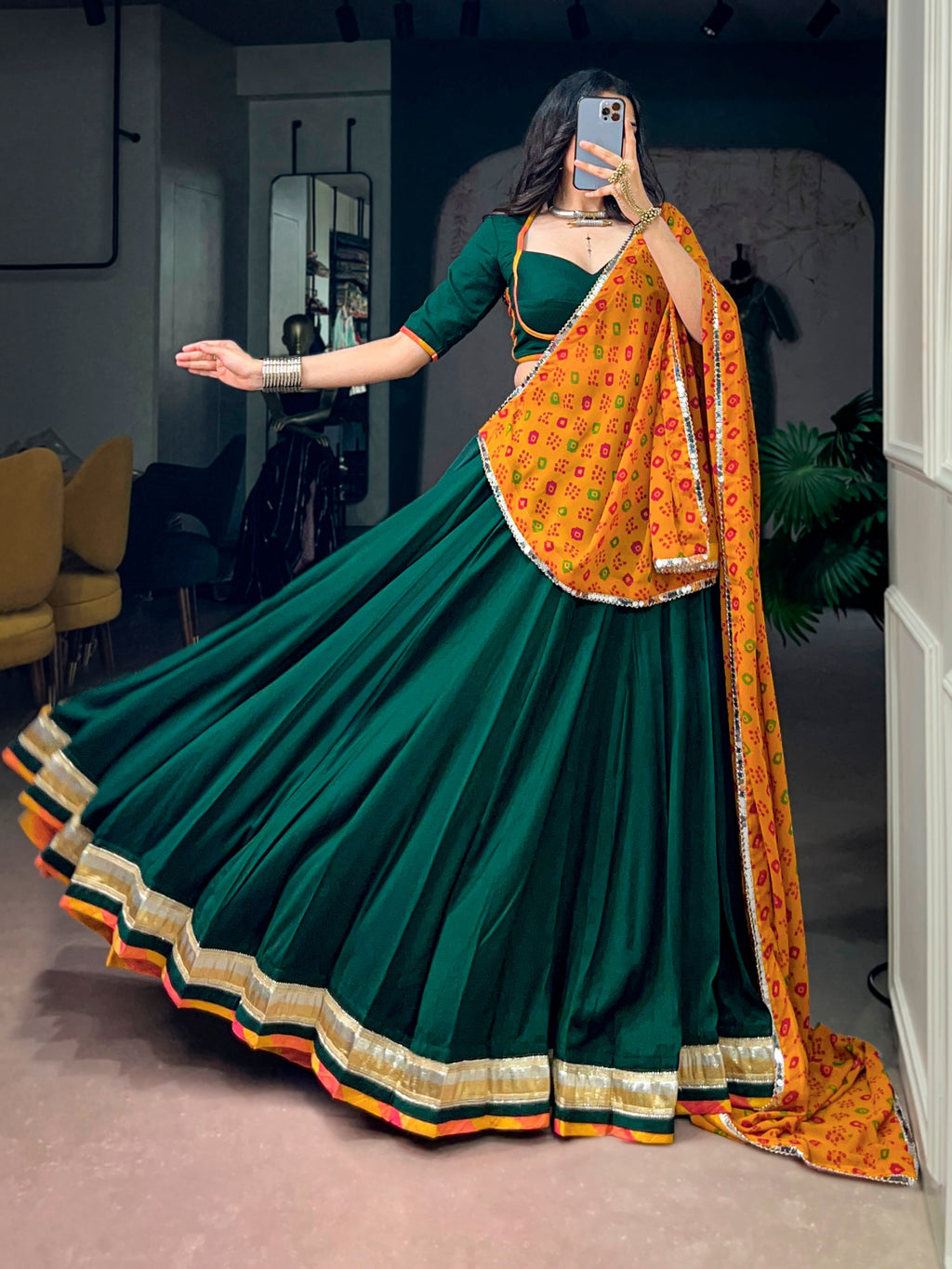 Green Chinon Lehenga Choli with Bandhani Dupatta