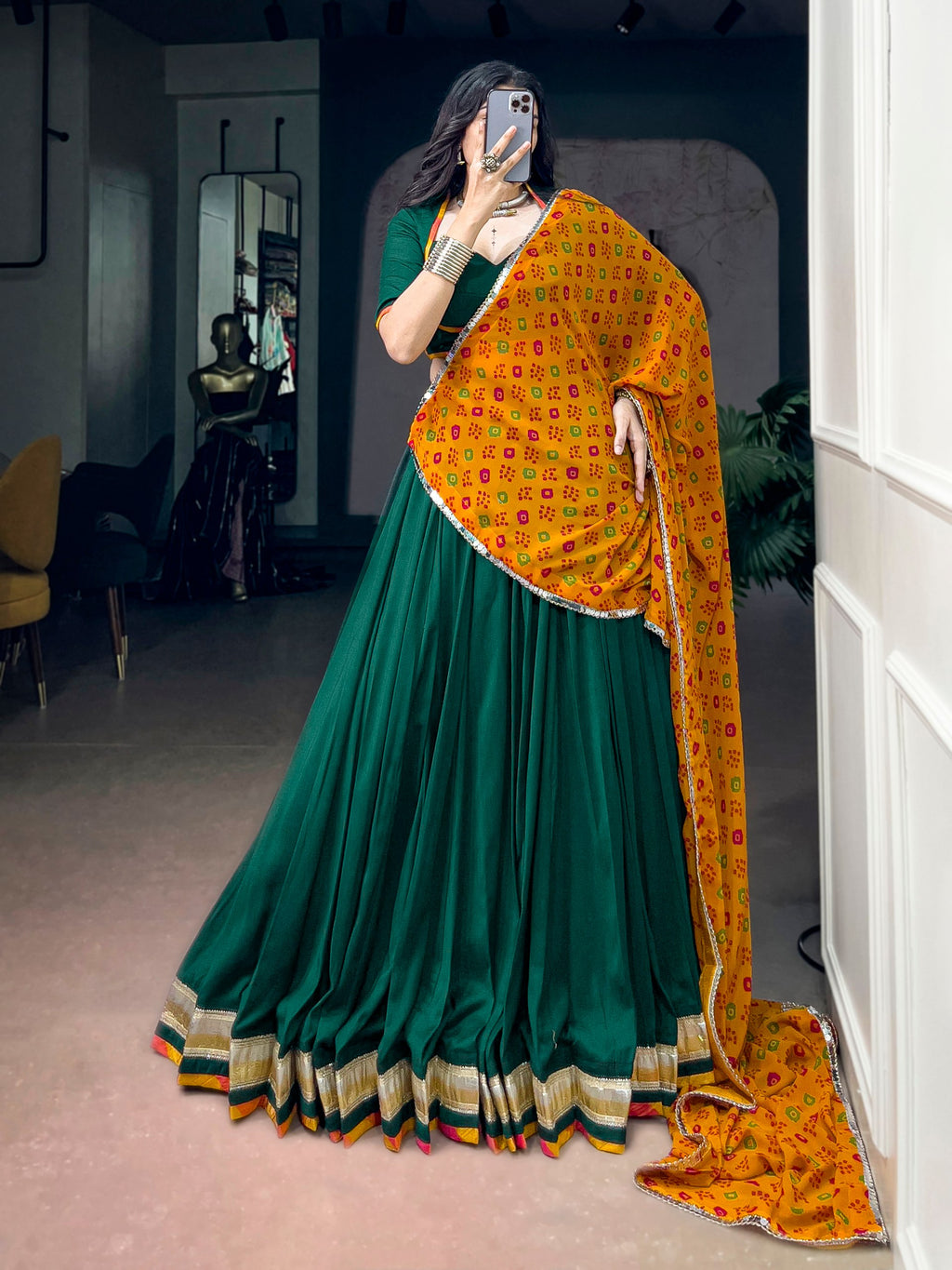 Green Chinon Lehenga Choli with Bandhani Dupatta