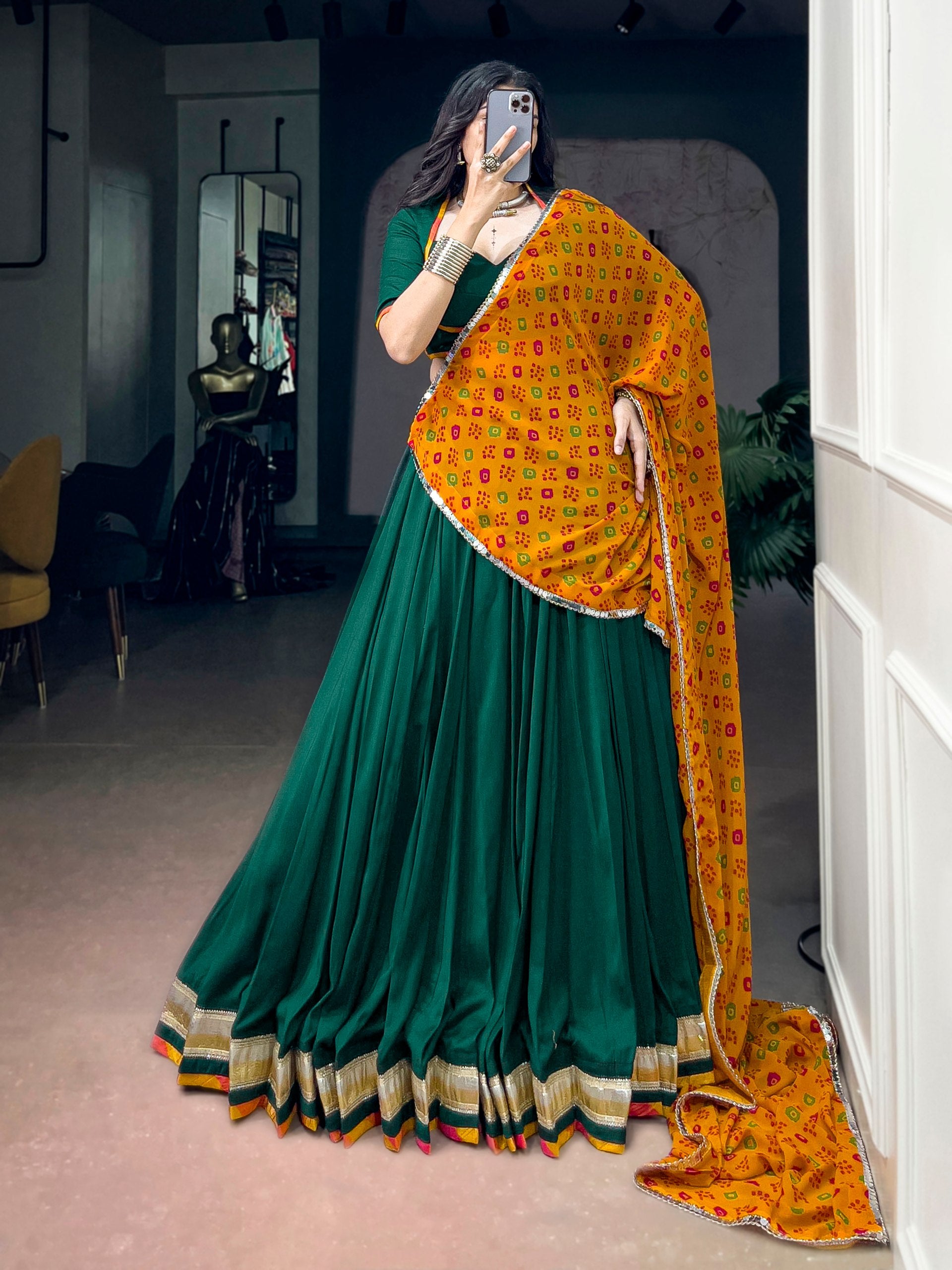 Green Chinon Lehenga Choli with Bandhani Dupatta