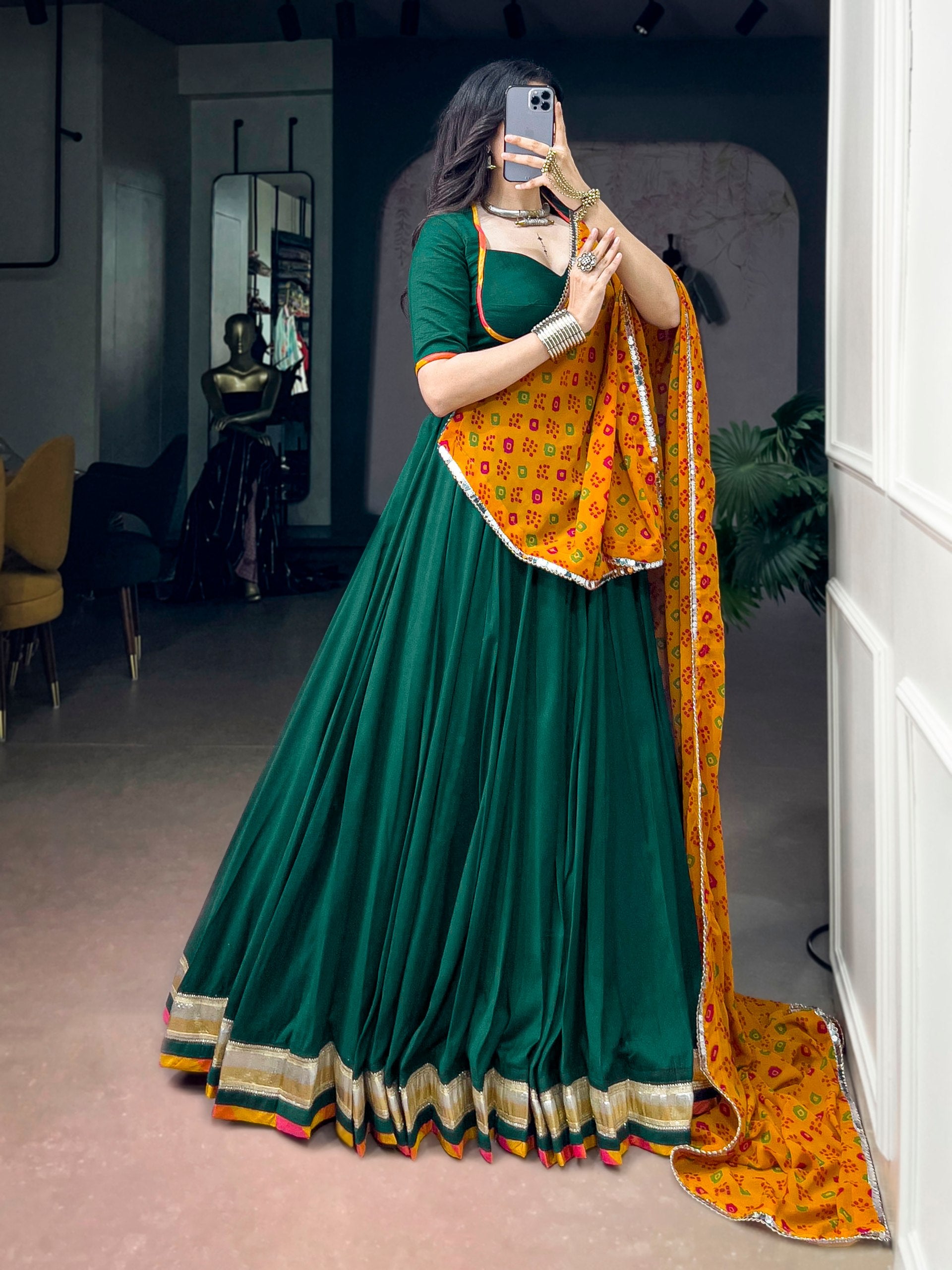Green Chinon Lehenga Choli with Bandhani Dupatta