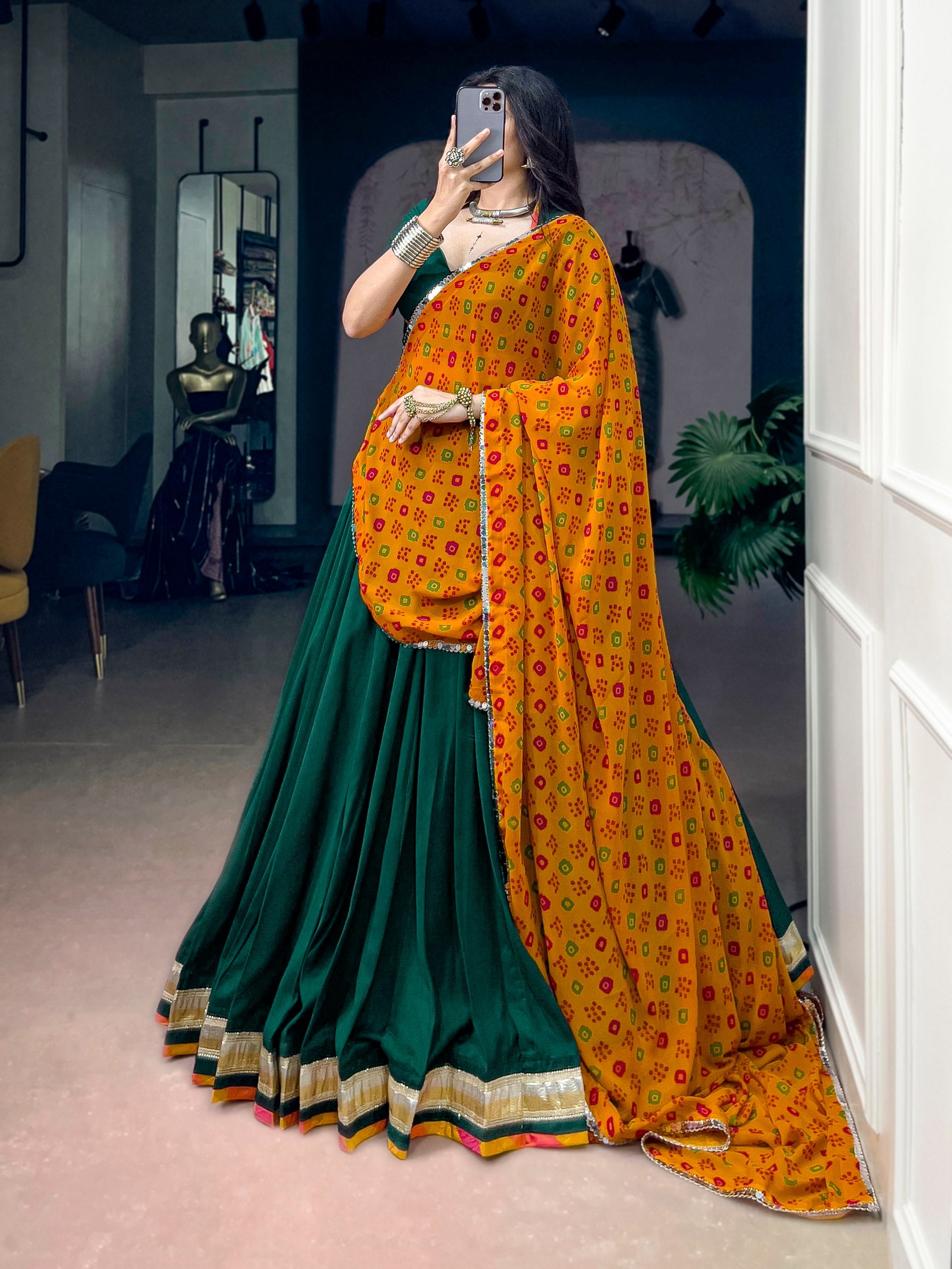 Green Chinon Lehenga Choli with Bandhani Dupatta