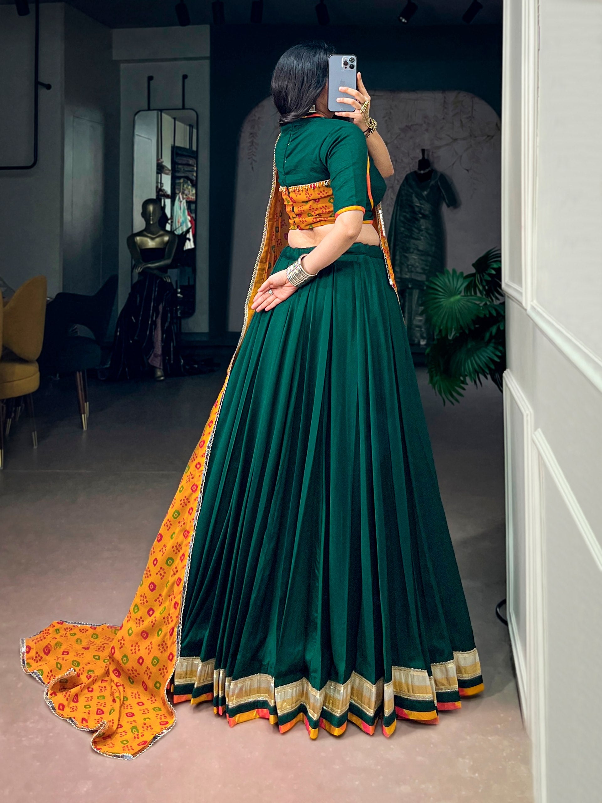 Green Chinon Lehenga Choli with Bandhani Dupatta