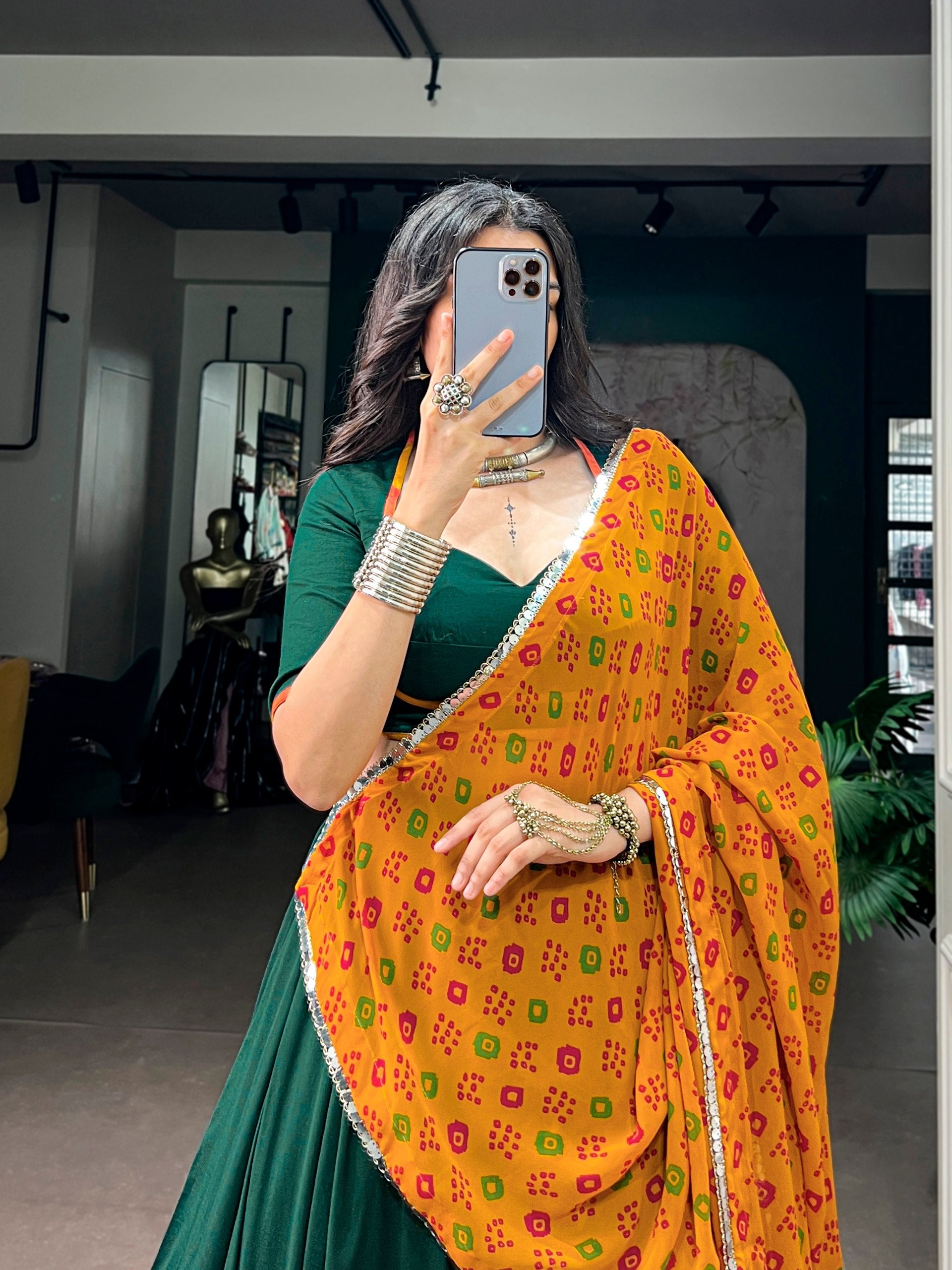 Green Chinon Lehenga Choli with Bandhani Dupatta