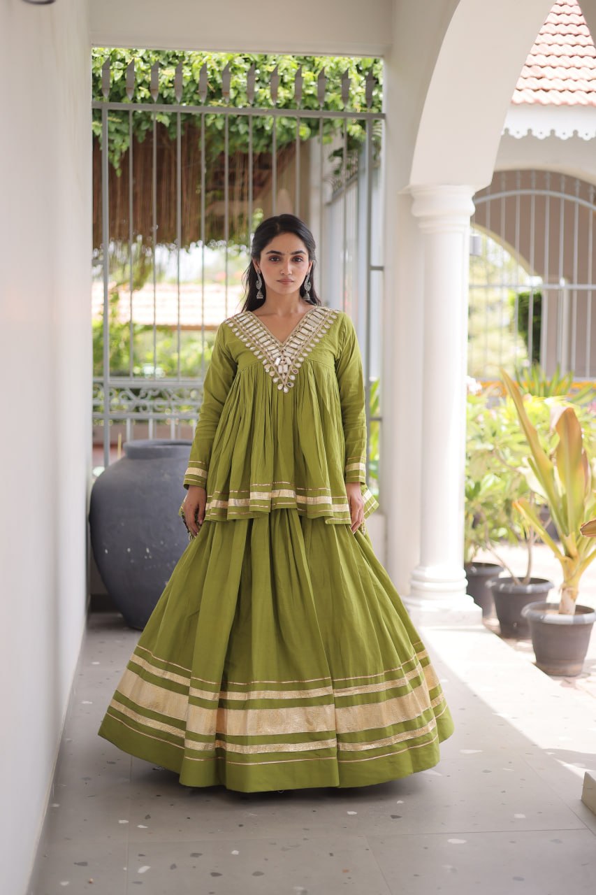 Kora Cotton Zari Patta Lehenga with Mirror Work Blouse