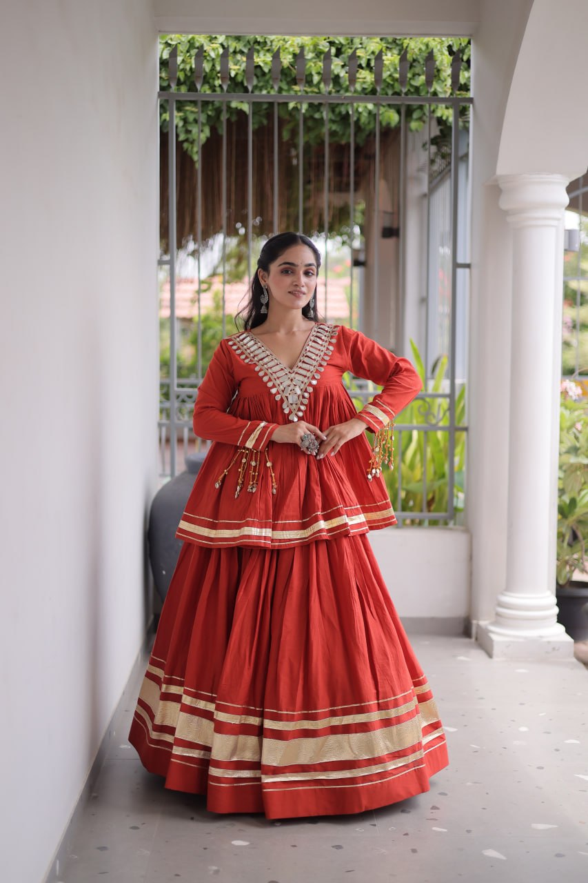Kora Cotton Zari Patta Lehenga with Mirror Work Blouse