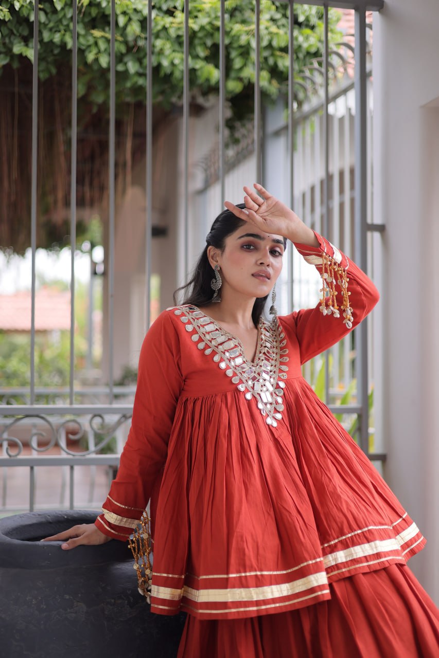 Kora Cotton Zari Patta Lehenga with Mirror Work Blouse