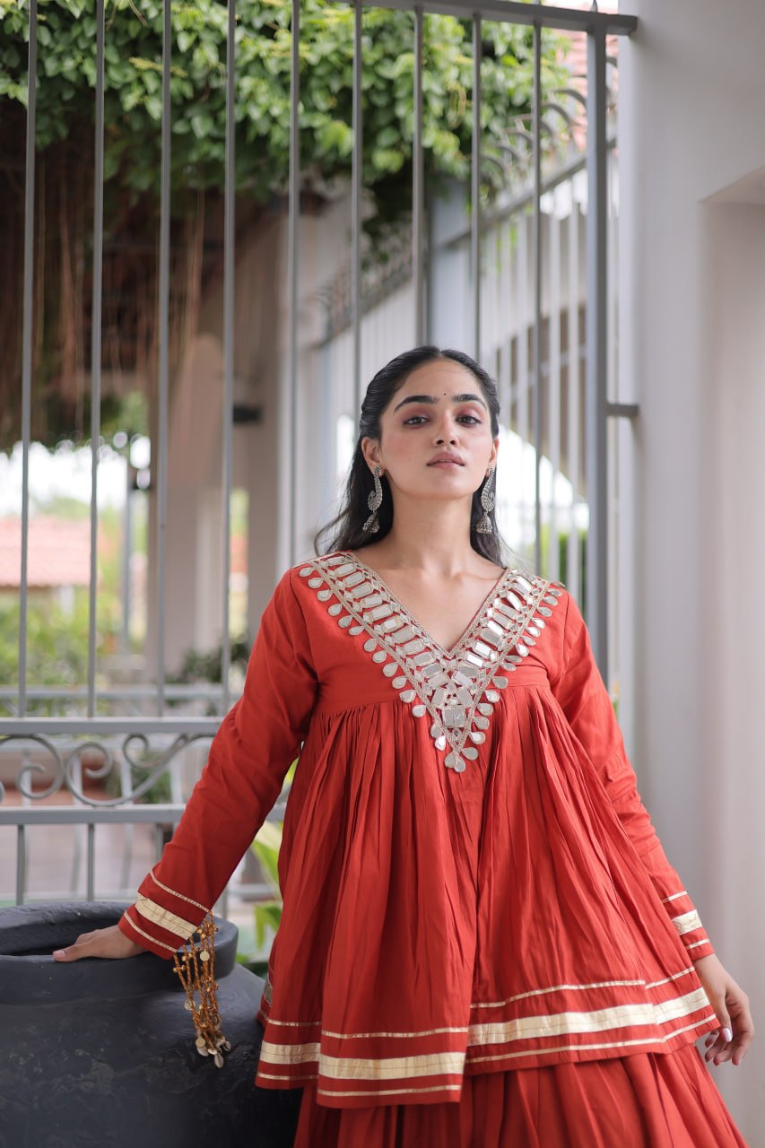 Kora Cotton Zari Patta Lehenga with Mirror Work Blouse