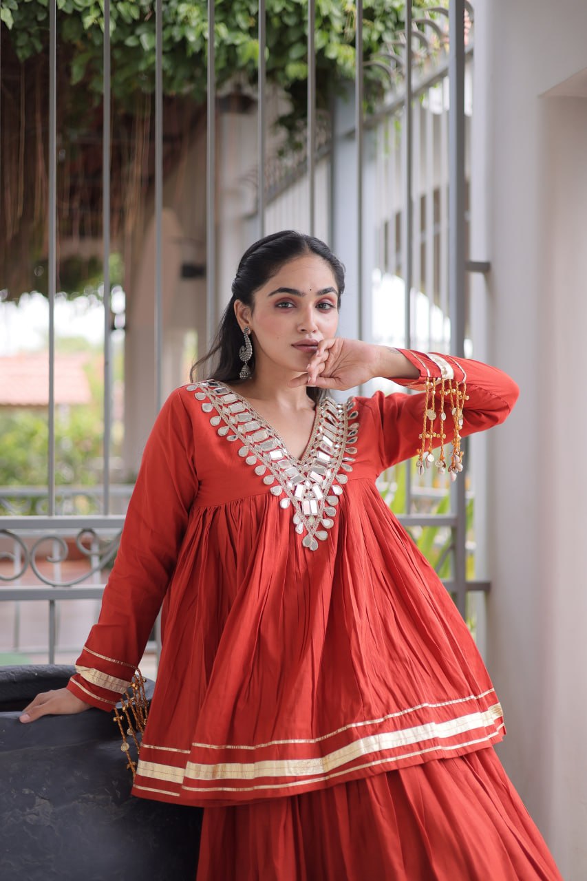 Kora Cotton Zari Patta Lehenga with Mirror Work Blouse