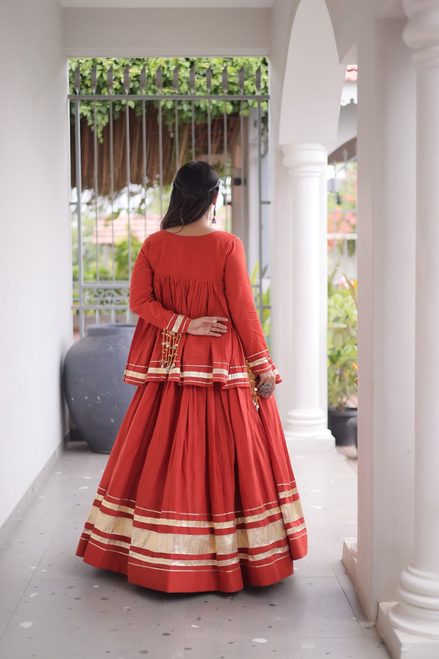 Kora Cotton Zari Patta Lehenga with Mirror Work Blouse