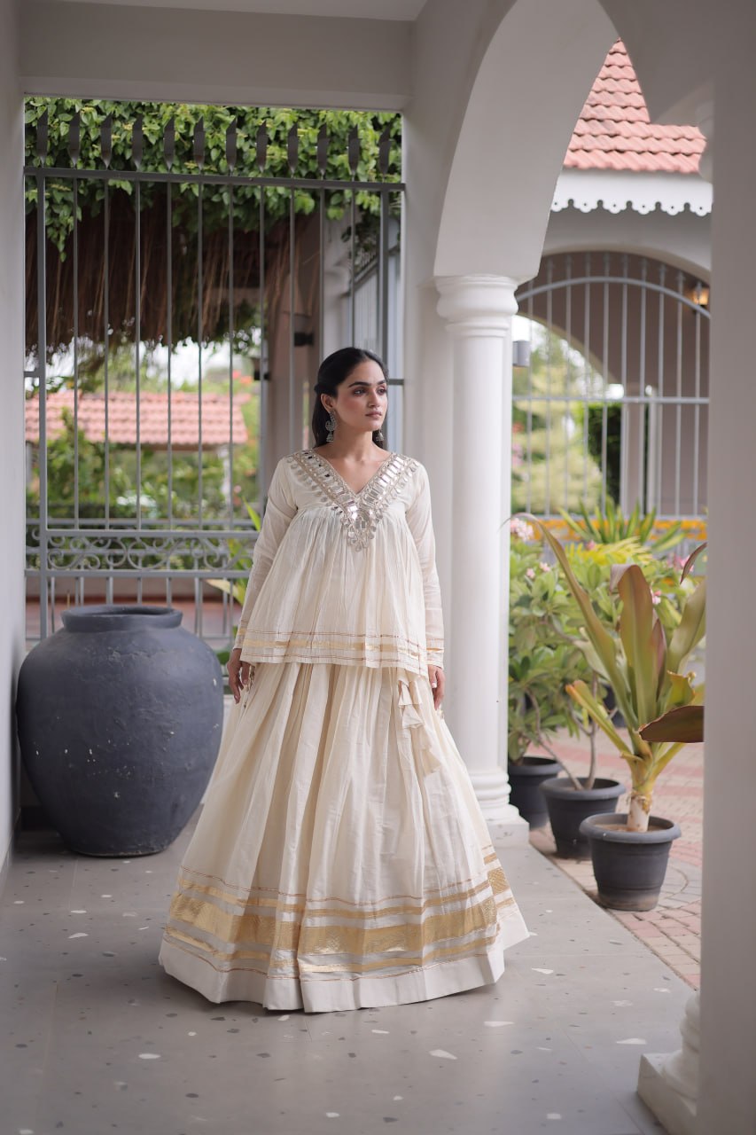 Kora Cotton Zari Patta Lehenga with Mirror Work Blouse