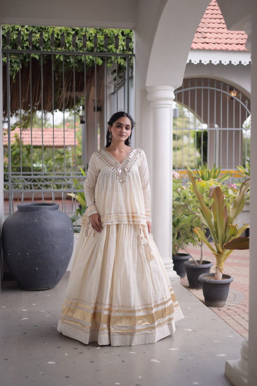 Kora Cotton Zari Patta Lehenga with Mirror Work Blouse