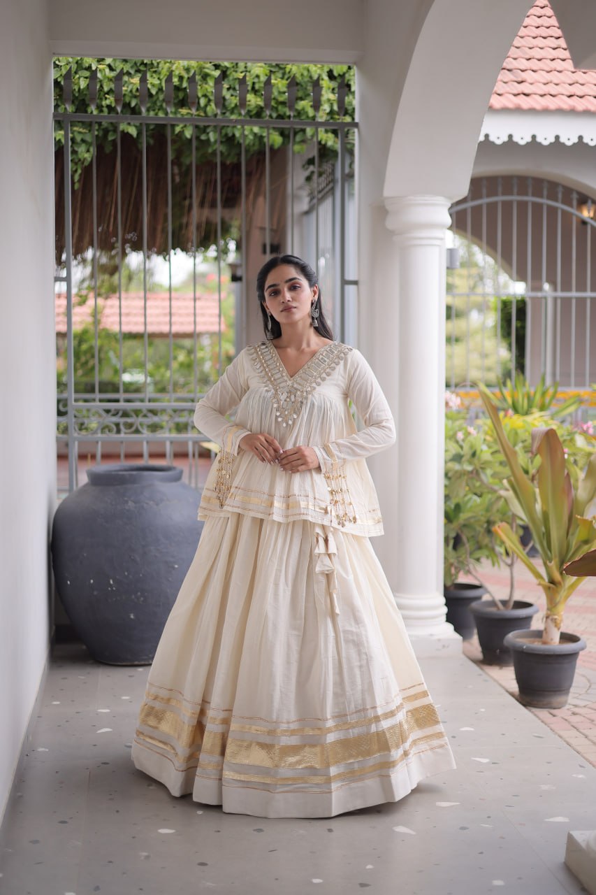 Kora Cotton Zari Patta Lehenga with Mirror Work Blouse