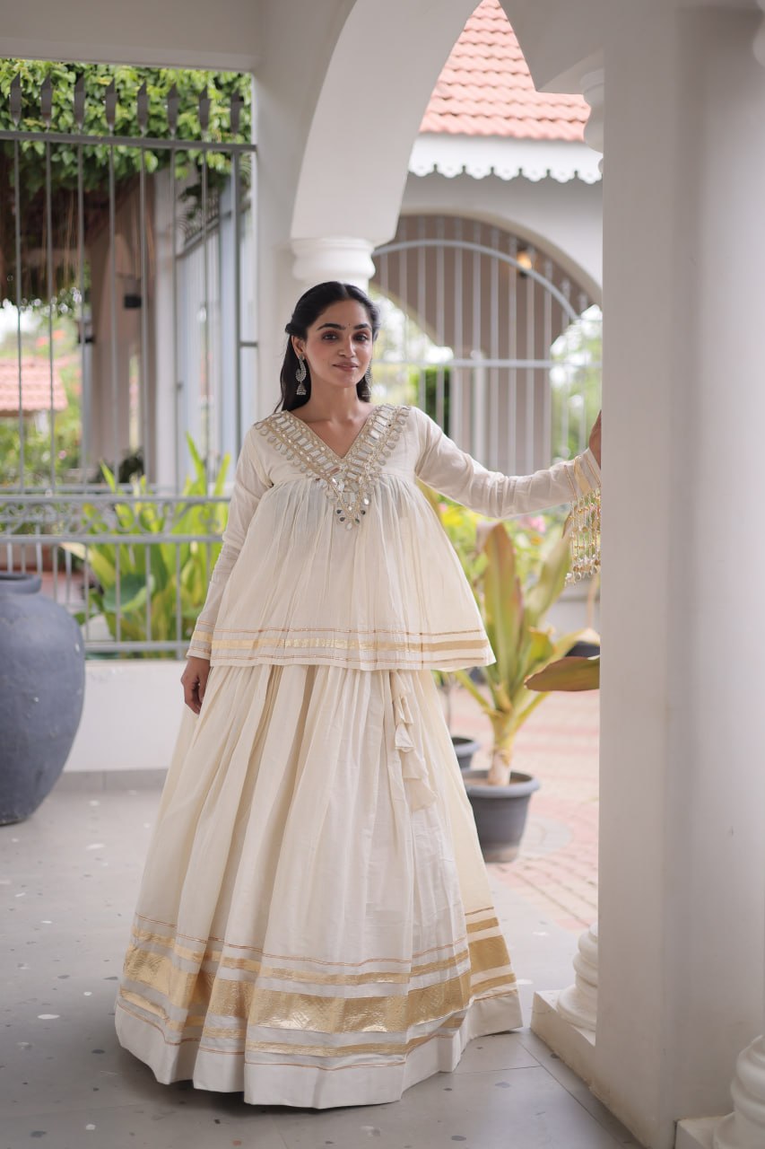Kora Cotton Zari Patta Lehenga with Mirror Work Blouse