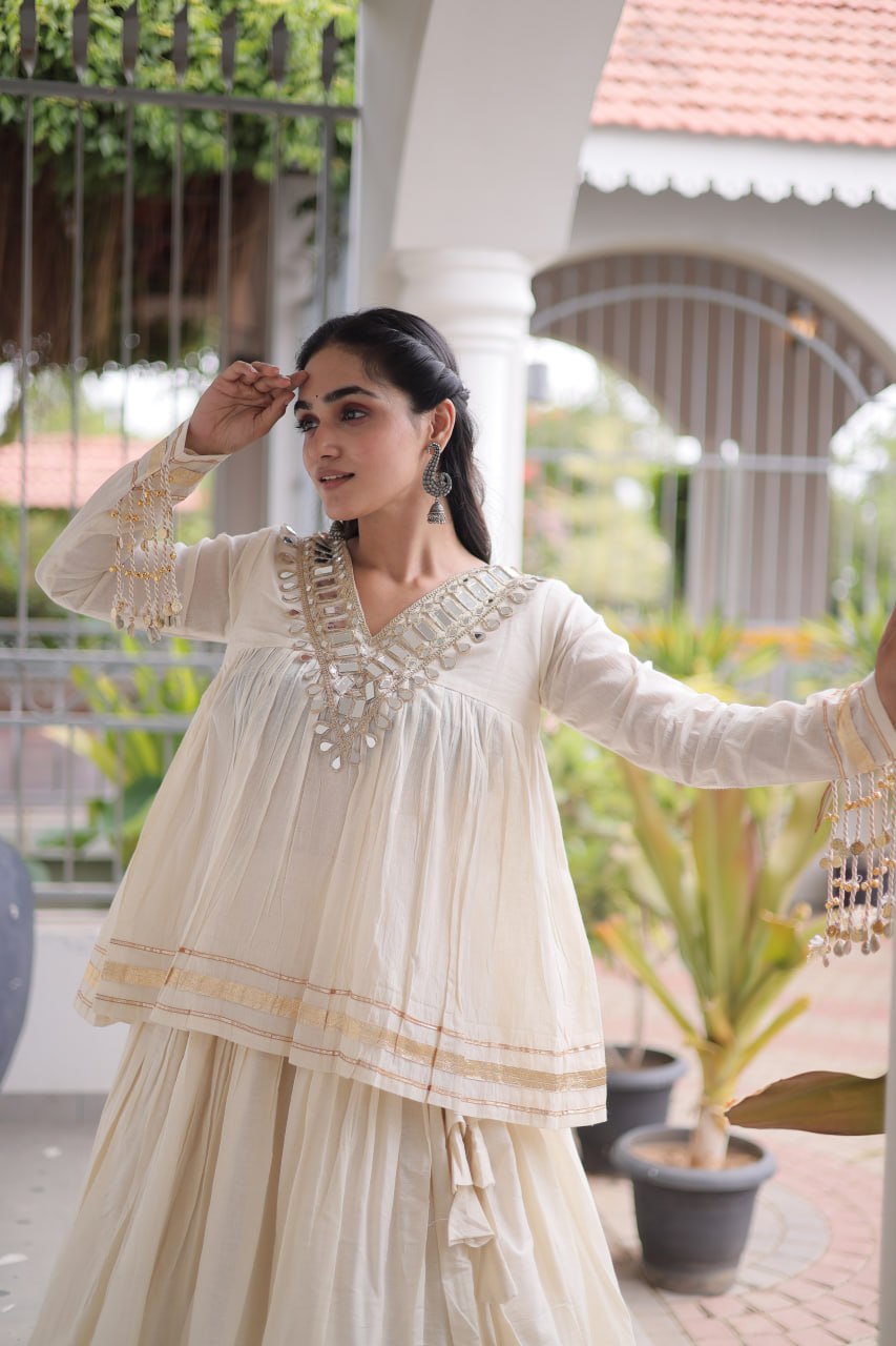 Kora Cotton Zari Patta Lehenga with Mirror Work Blouse