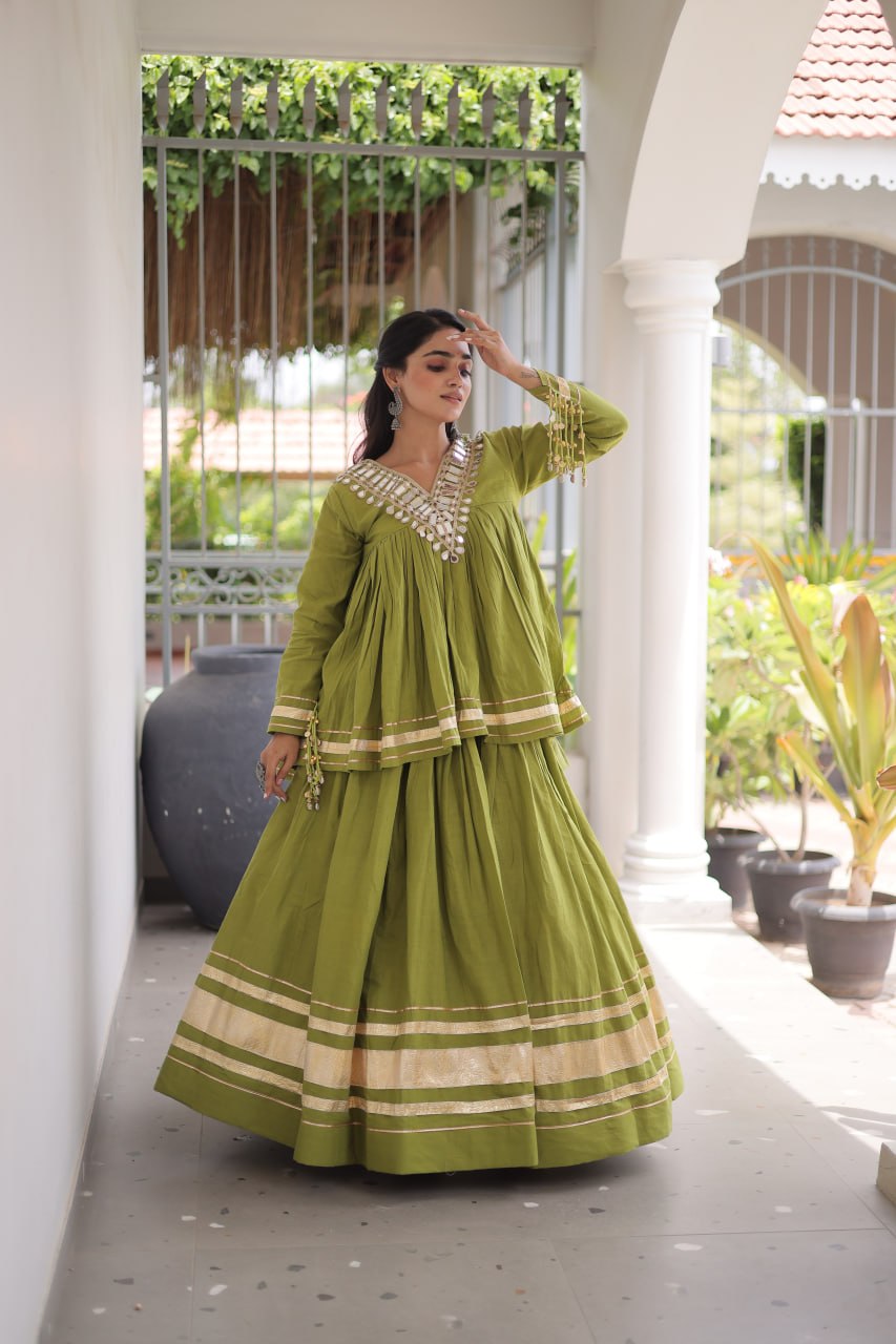 Kora Cotton Zari Patta Lehenga with Mirror Work Blouse