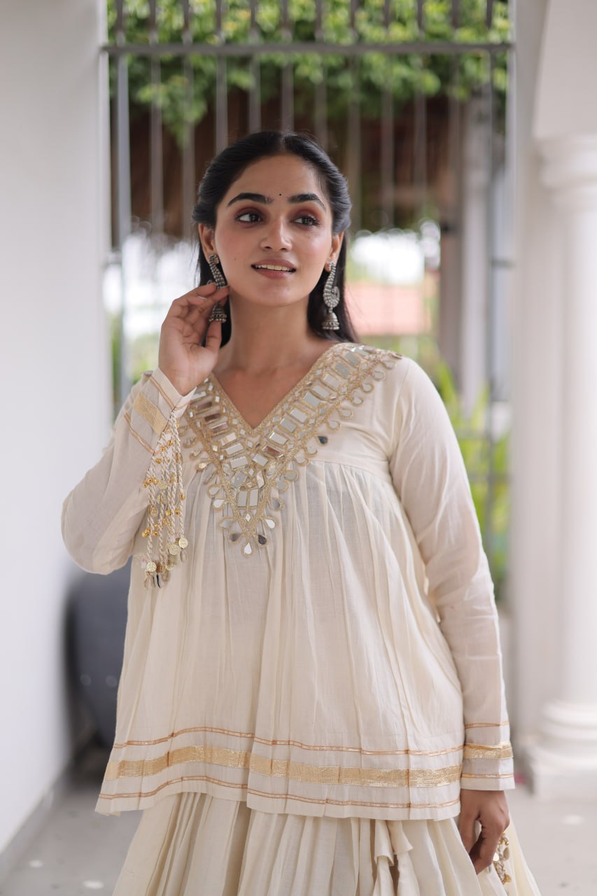 Kora Cotton Zari Patta Lehenga with Mirror Work Blouse