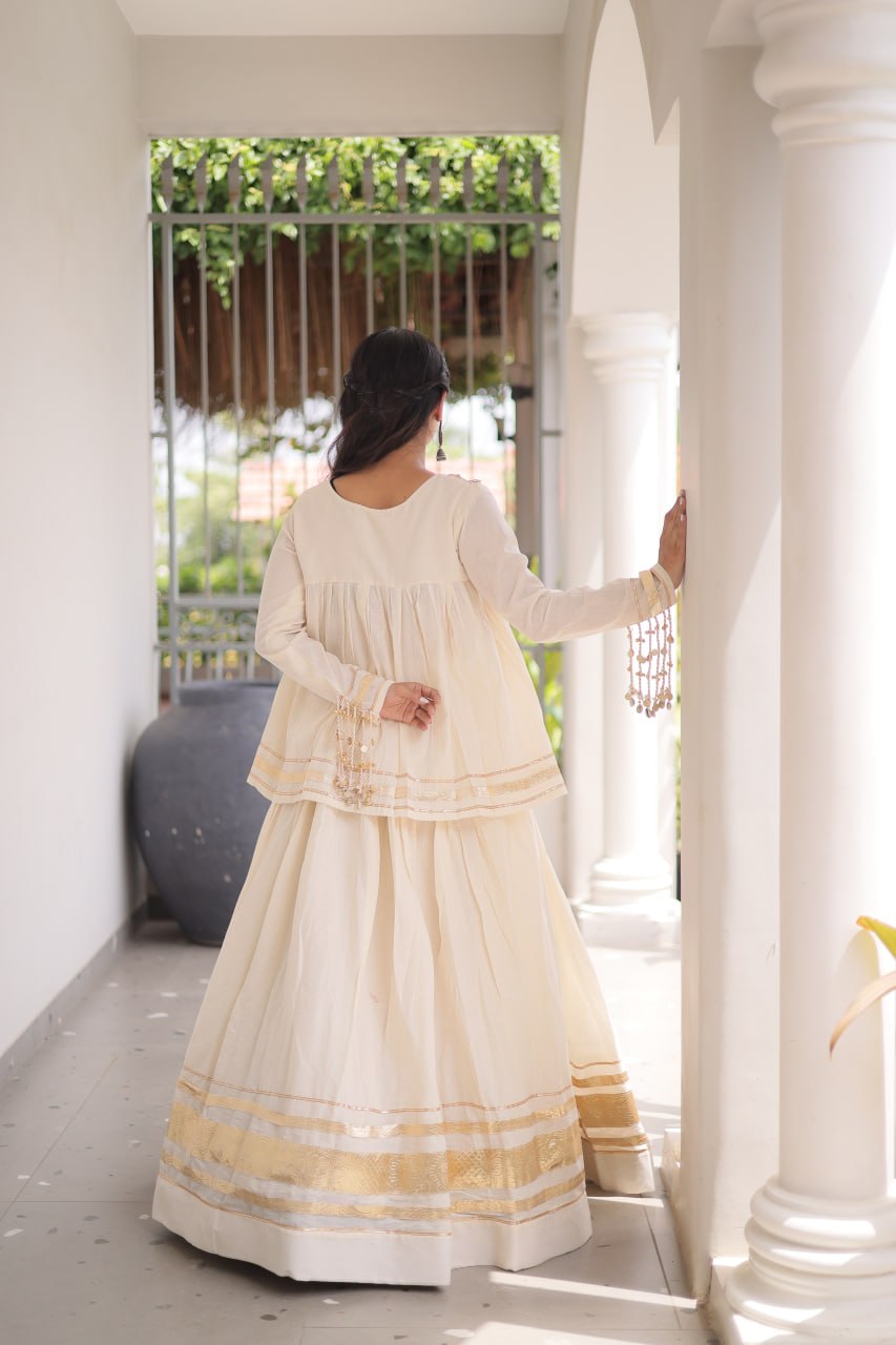Kora Cotton Zari Patta Lehenga with Mirror Work Blouse