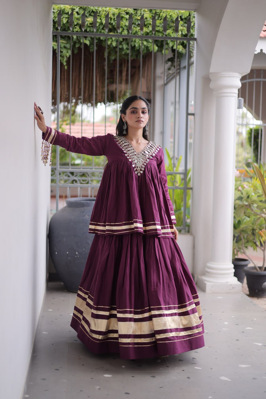 Kora Cotton Zari Patta Lehenga with Mirror Work Blouse