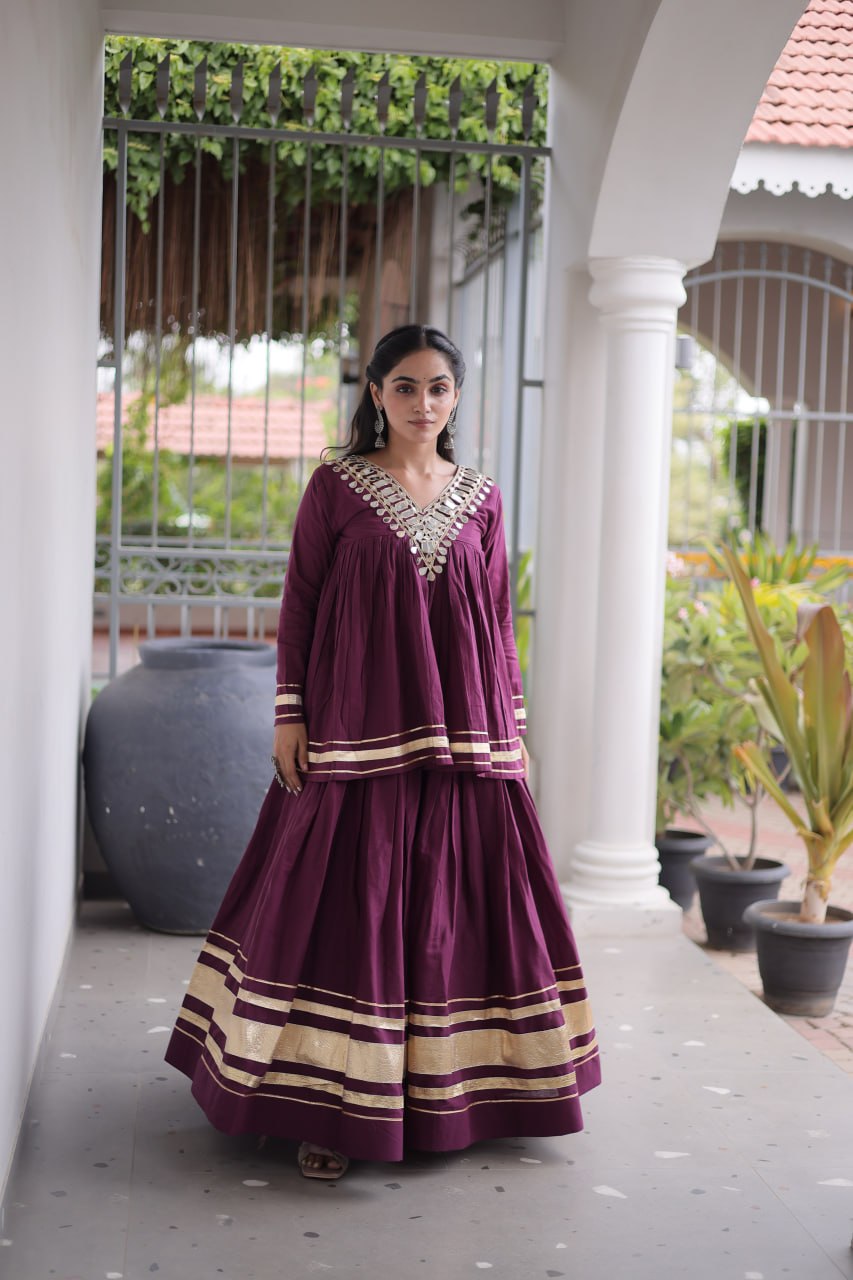 Kora Cotton Zari Patta Lehenga with Mirror Work Blouse