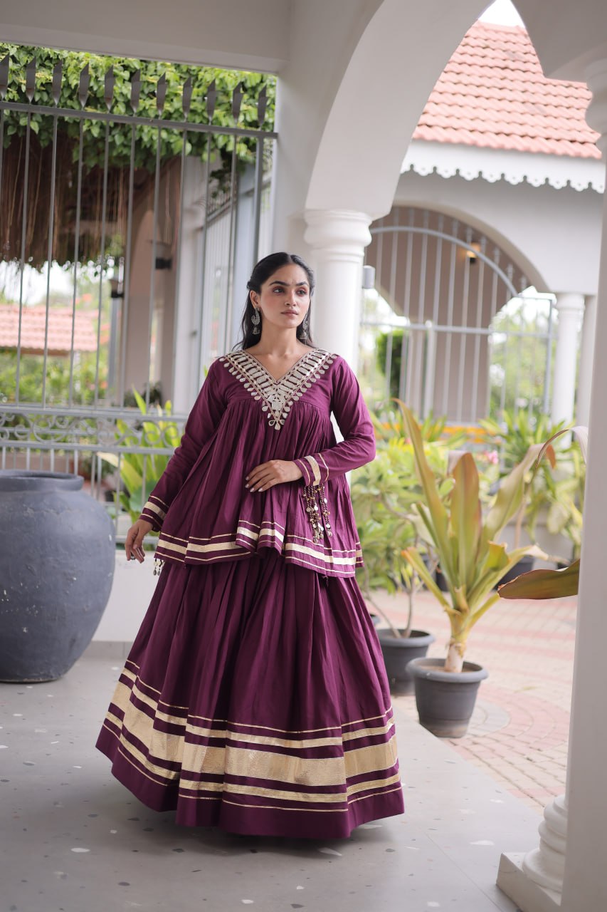 Kora Cotton Zari Patta Lehenga with Mirror Work Blouse