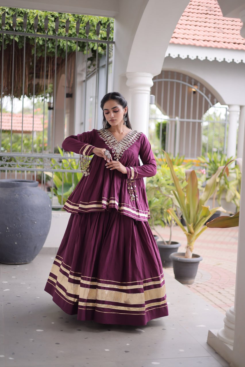 Kora Cotton Zari Patta Lehenga with Mirror Work Blouse