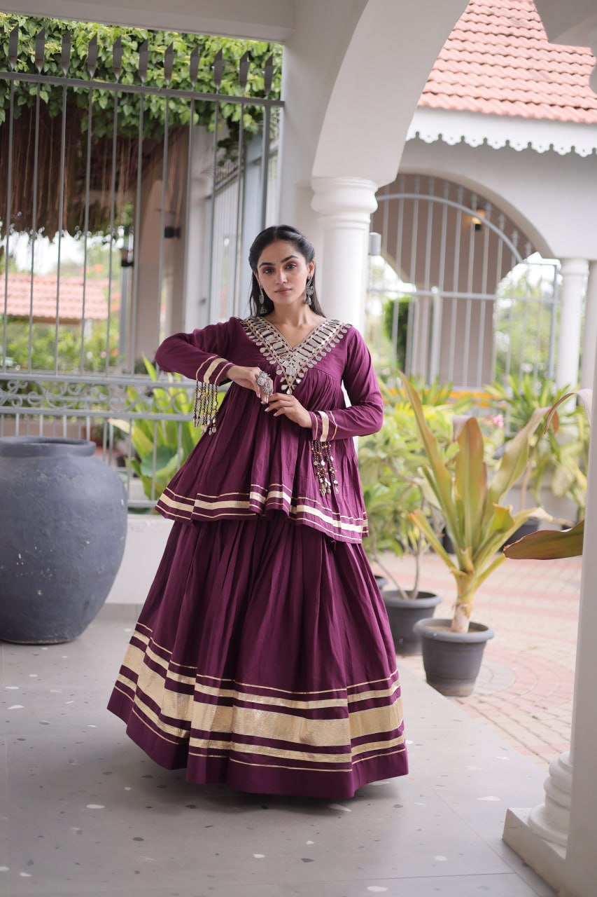 Kora Cotton Zari Patta Lehenga with Mirror Work Blouse