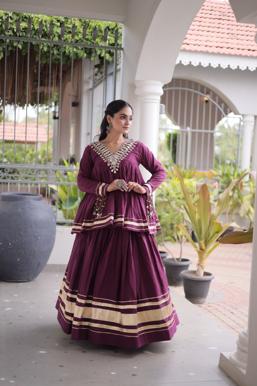 Kora Cotton Zari Patta Lehenga with Mirror Work Blouse