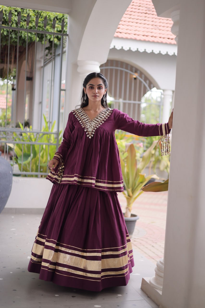 Kora Cotton Zari Patta Lehenga with Mirror Work Blouse