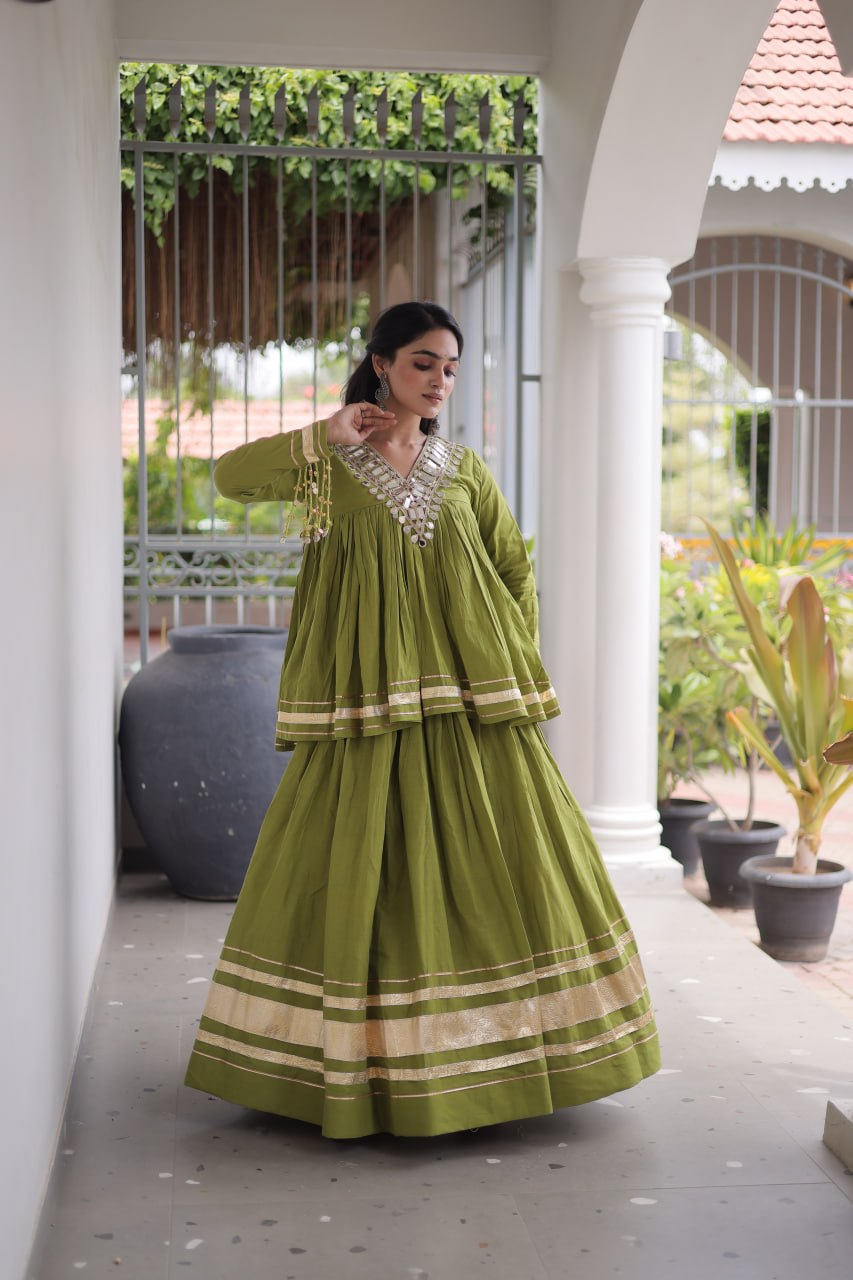 Kora Cotton Zari Patta Lehenga with Mirror Work Blouse