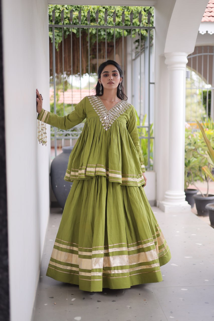 Kora Cotton Zari Patta Lehenga with Mirror Work Blouse