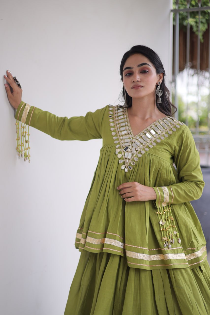 Kora Cotton Zari Patta Lehenga with Mirror Work Blouse