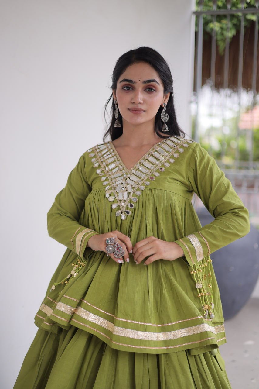 Kora Cotton Zari Patta Lehenga with Mirror Work Blouse